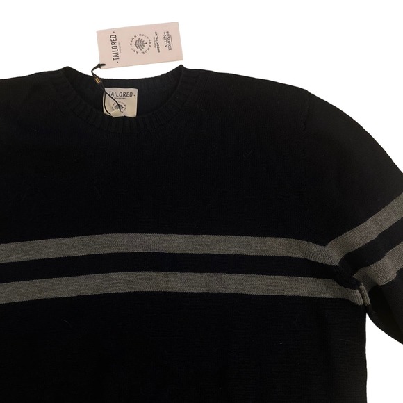 NWT Men L Tailored Industry Allen Edmond Varsity Stripe Sweater Navy Merino Wool - Picture 2 of 6